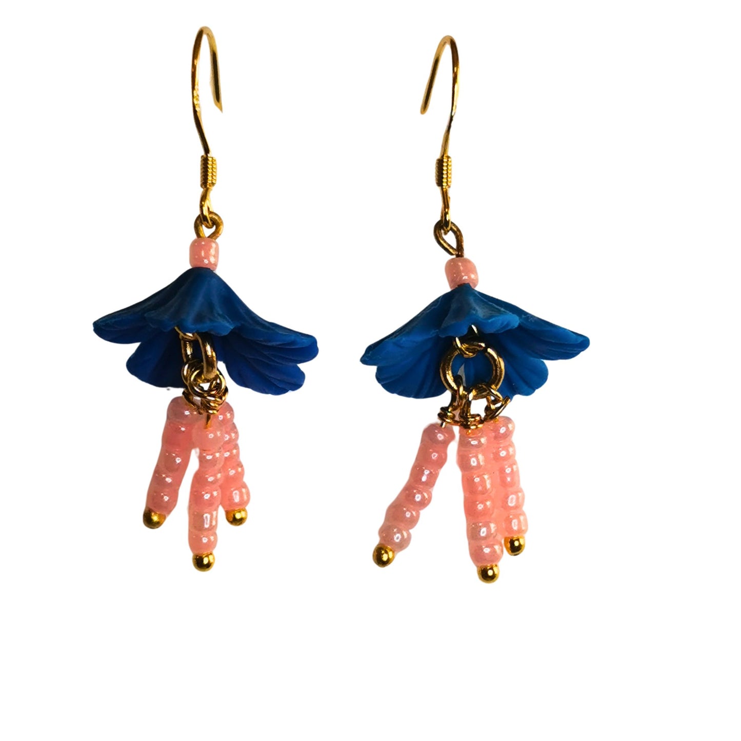 Blue flower earrings with pink dangling stems