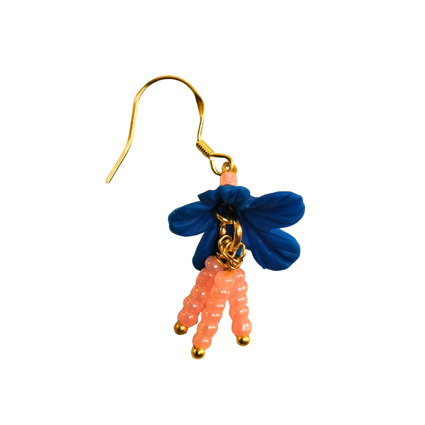 Blue flower earrings with pink dangling stems