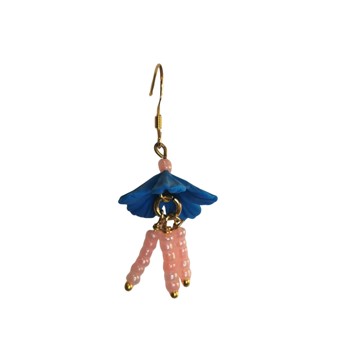 Blue flower earrings with pink dangling stems