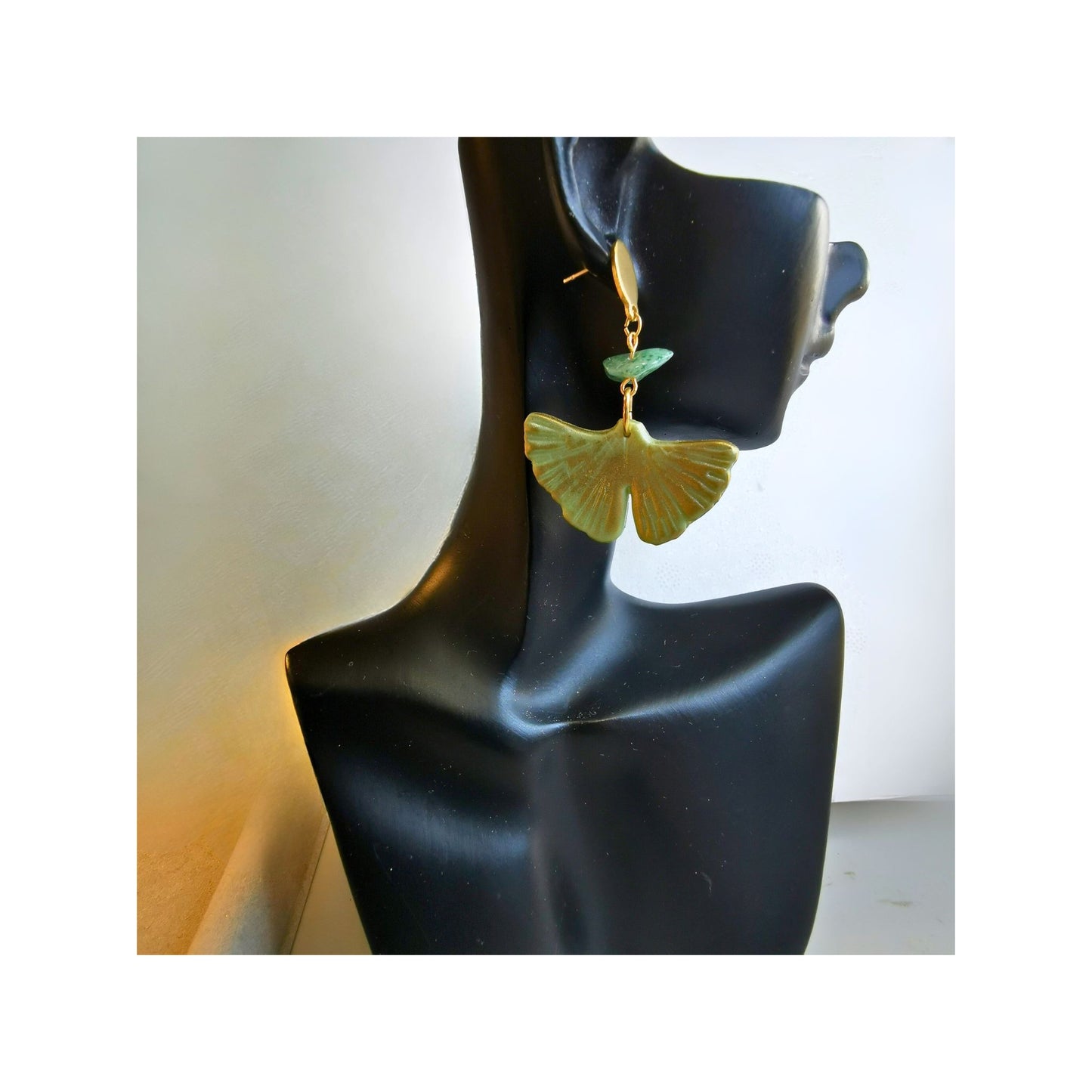 Ginkgo leaf shaped earrings with Jade beads