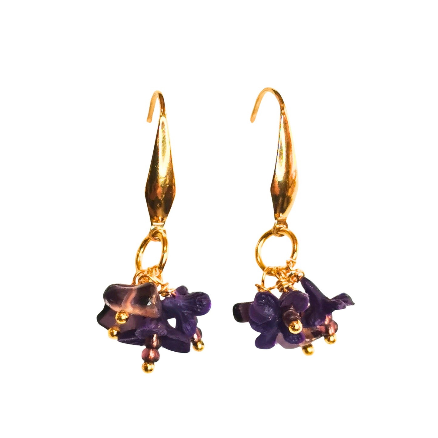 Earrings with purple flowers and amethyst beads