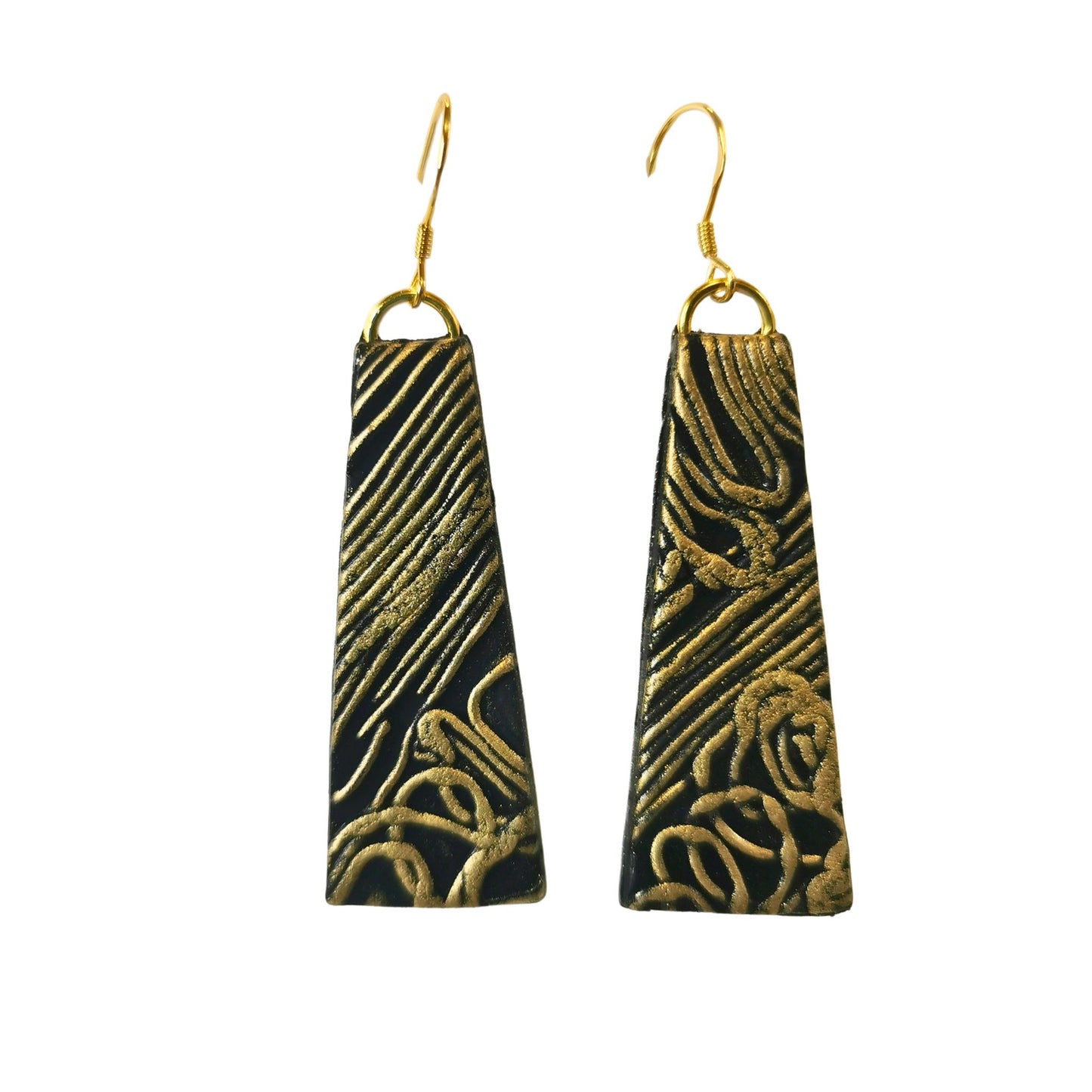 Rectangular black earrings with gold accents