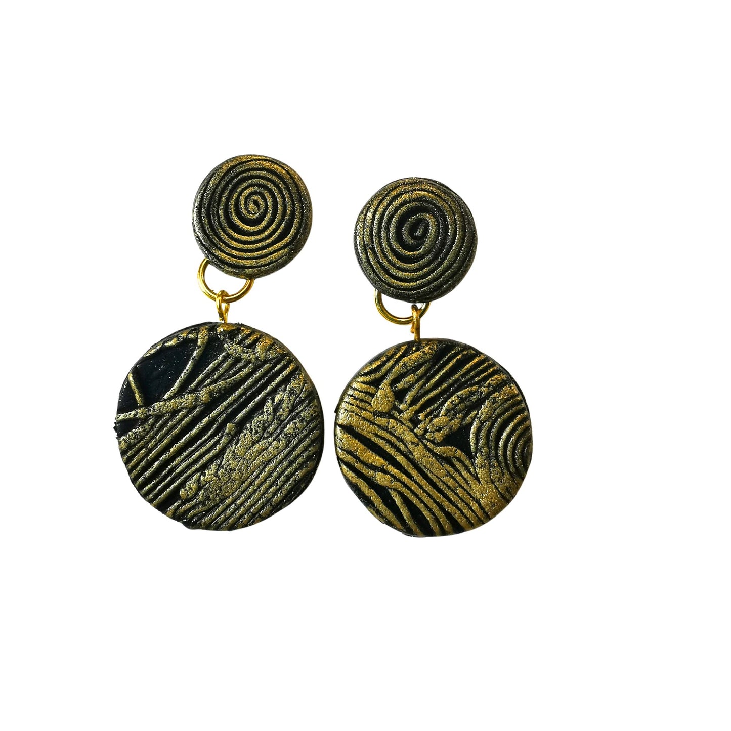 Round earrings, black with gold accents