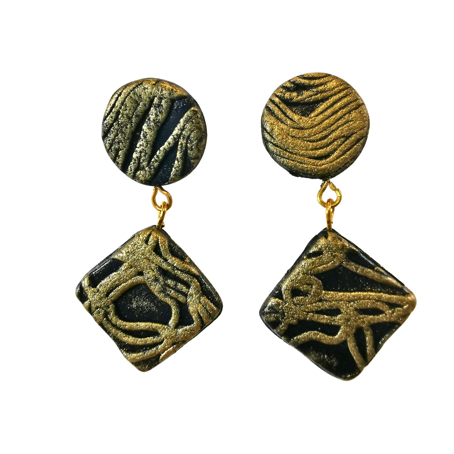 Dangling earrings, black with gold accents