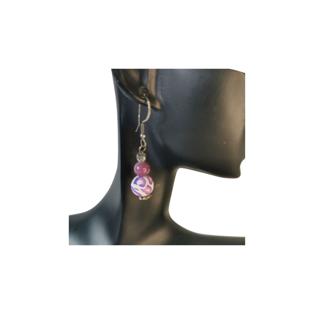 Dangling round bead purple earrings