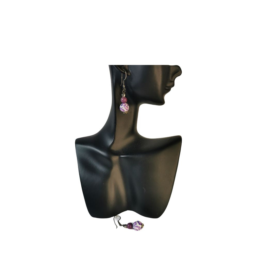 Dangling round bead purple earrings